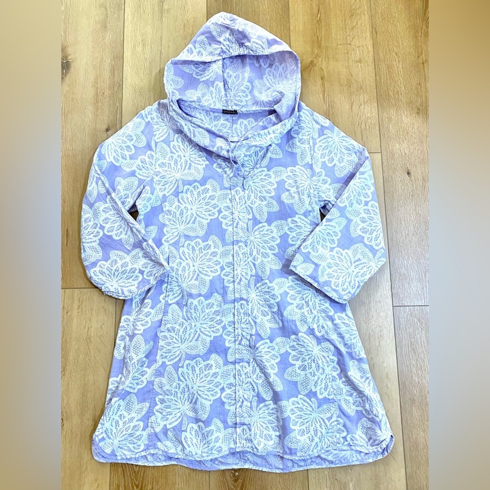 GRIZAS 100% Linen Hooded Tunic Dress Purple White Floral Lagenlook Boho L/XL